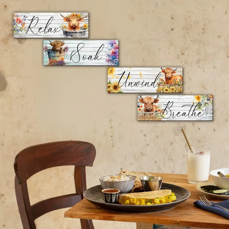 4Pcs Highland Cow Bathroom Wooden Wall Signs, Relax Soak Unwind Breathe Rustic Farmhouse Wood Plaques with Floral Sunflower Highland Cow Print, Vintage Whitewashed Wood Wall Art Country Bathroom Home Decor Set
