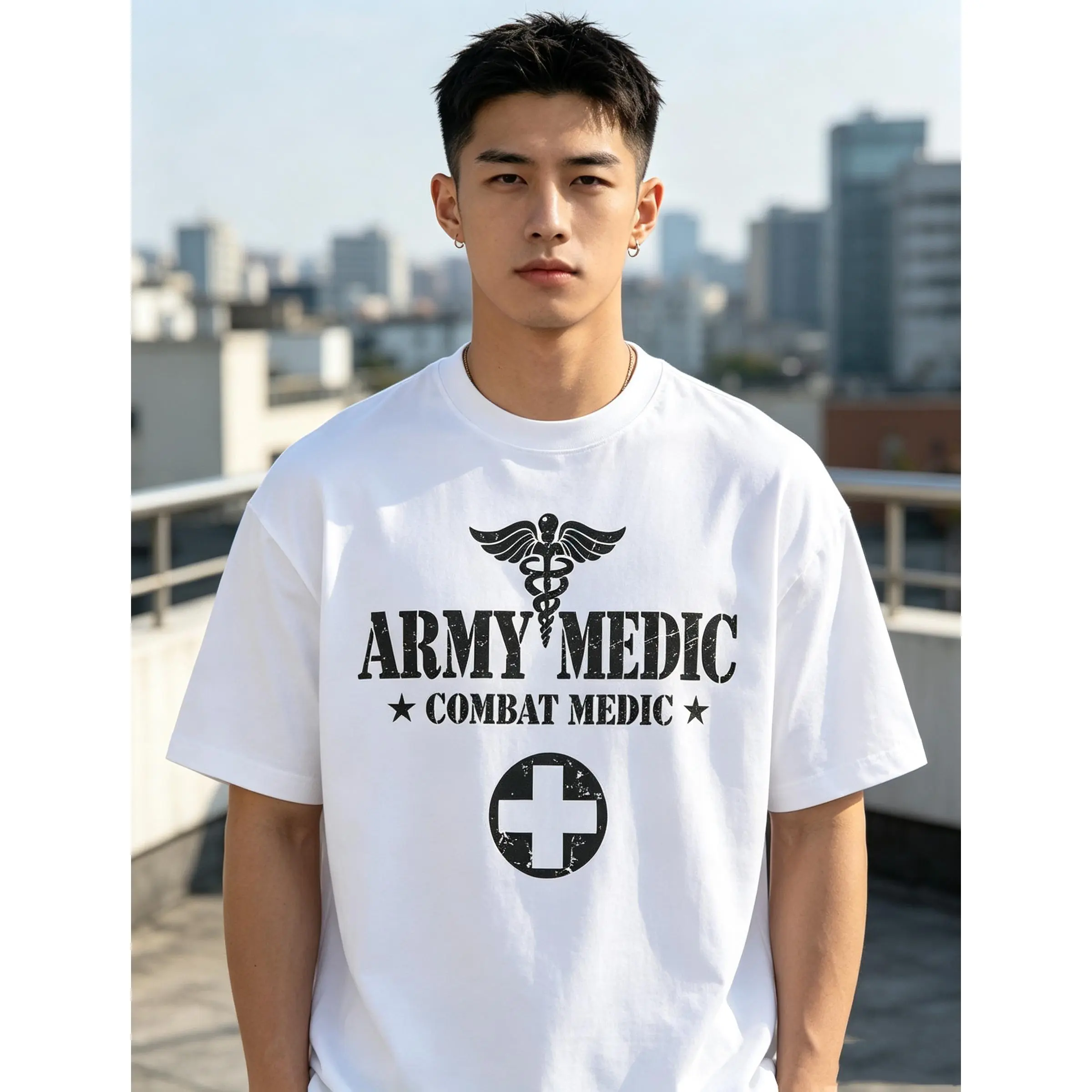 Men Vintage Combat Medic Graphic T-Shirt Distressed Military Veteran Cotton Short Sleeve Tee