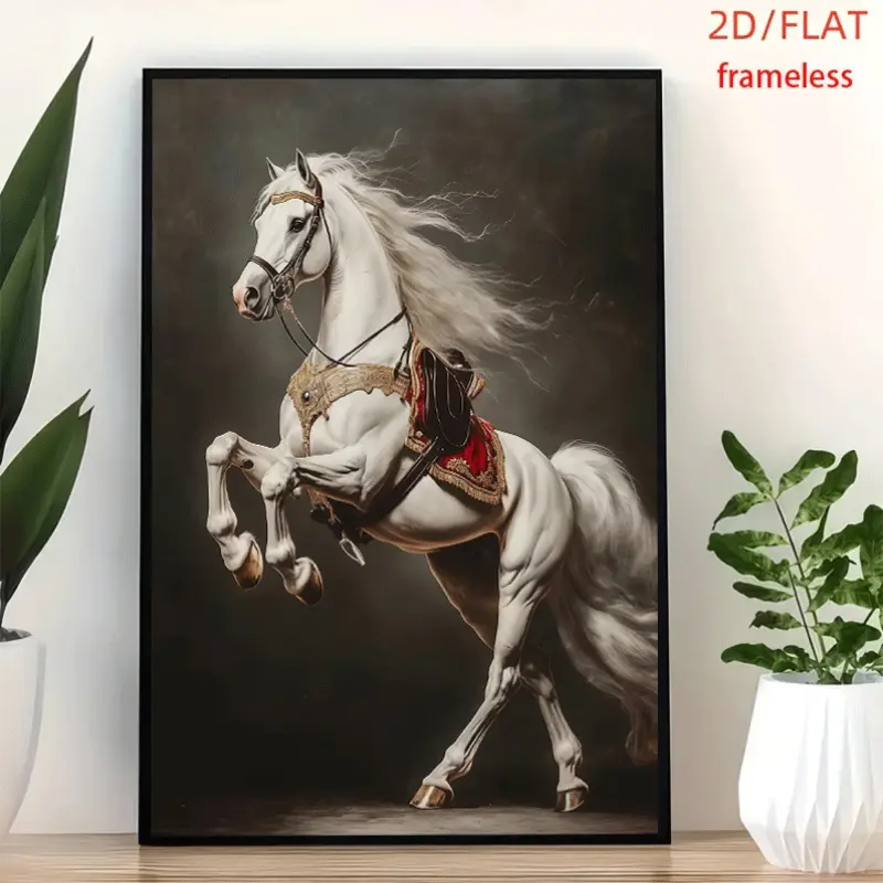 frameless Majestic White Horse Art Decor Print Poster, Wall Art for Living Room, Bedroom, Office, Dining Room & Bar, Perfect Gift & Home Decor, 12in x 16in
