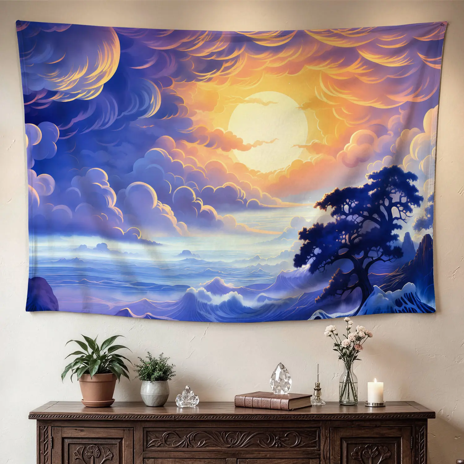 Dreamy Sunset Clouds Ocean Landscape Wall tapestry,Large size Printed Horizontal Tapestry blanket,Polyester Fabric Wall Hanging for living room,bedroom,No Installation Required,Indoor,Outdoor,Gift for Family and Friends