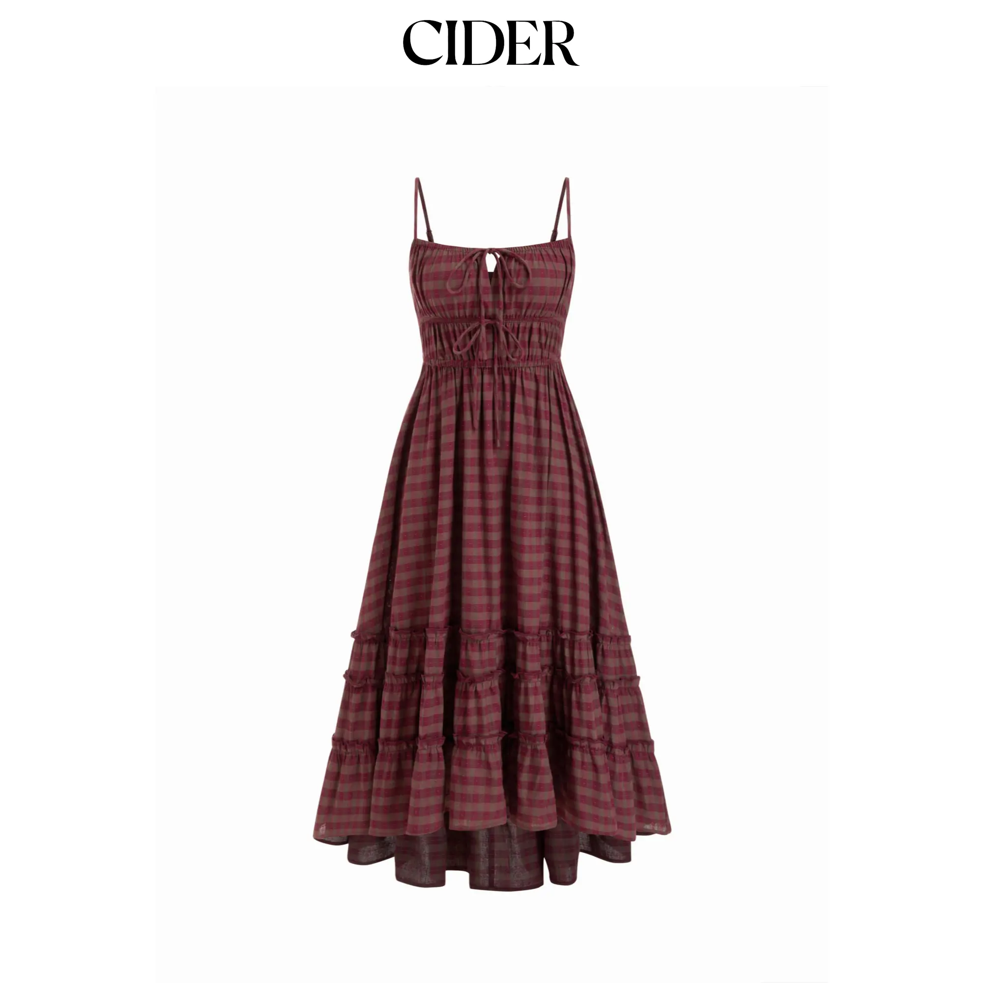 Cider Square Neck Plaid Lettuce Trim Tie Front Asymmetrical Hem Maxi Dress