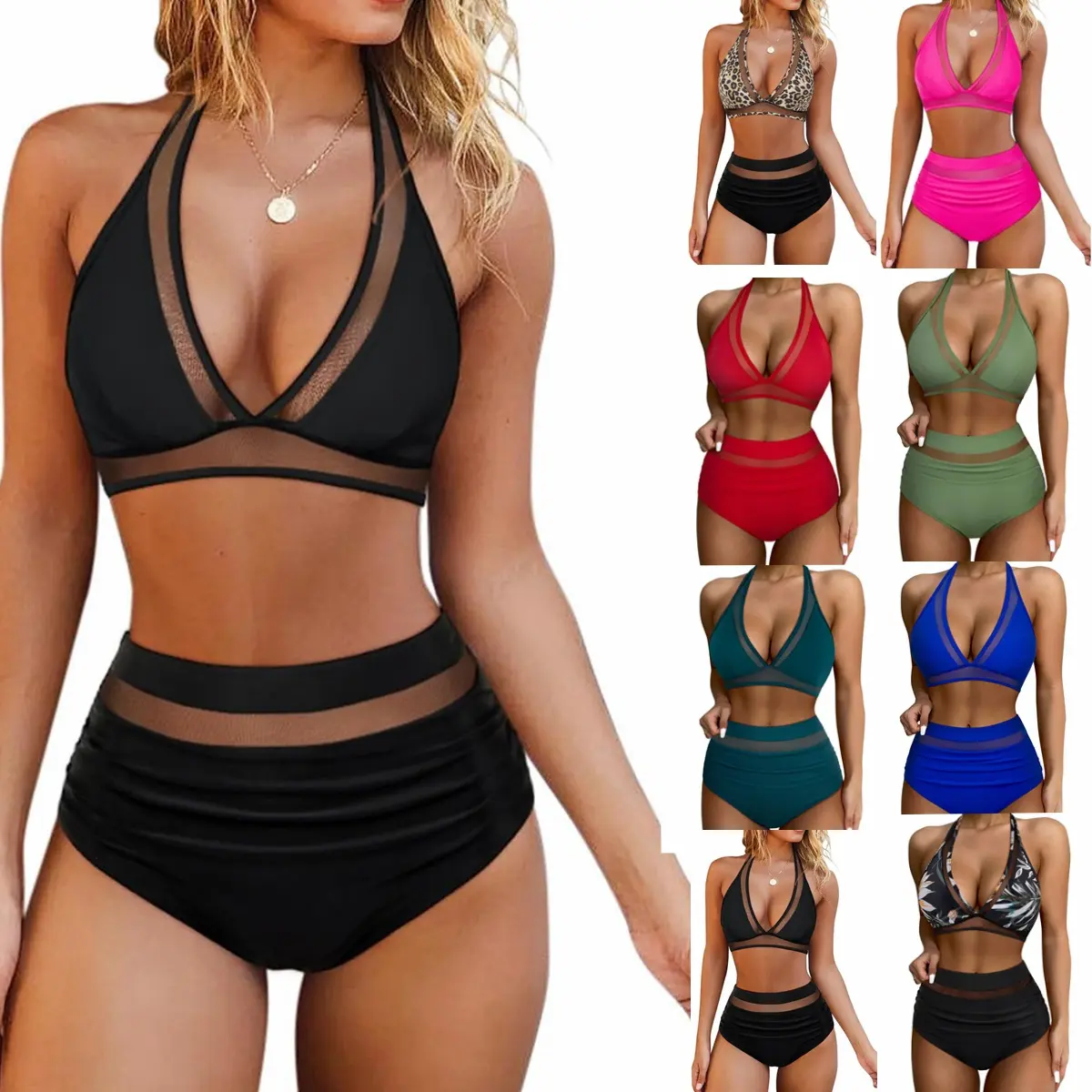 New mesh splicing split high-waisted , neck hanging, sexy and thin, conservative women's swimsuit women bikini sets