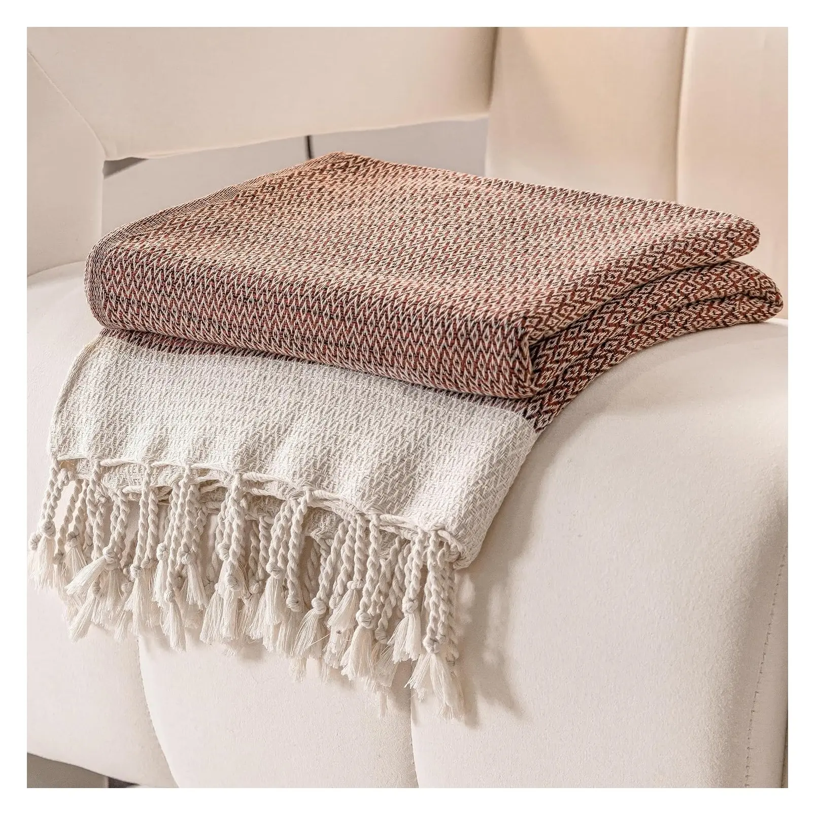 Premium Cotton Boho Throw Blanket 50"x60" Burnt Orange Fall Turkish Blanket for Bed Sofa Couch Outdoor Farmhouse Picnic YogaGift