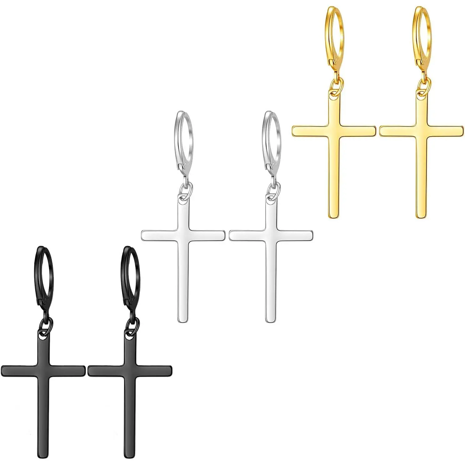 Hecila  Drop Dangle Earrings Set Mens Dangle  Hoop Stud Earrings | 3 Pairs,  Dangling Crucifix, Hinged Earingings, Stainless Steel, Trendy Earings, Black