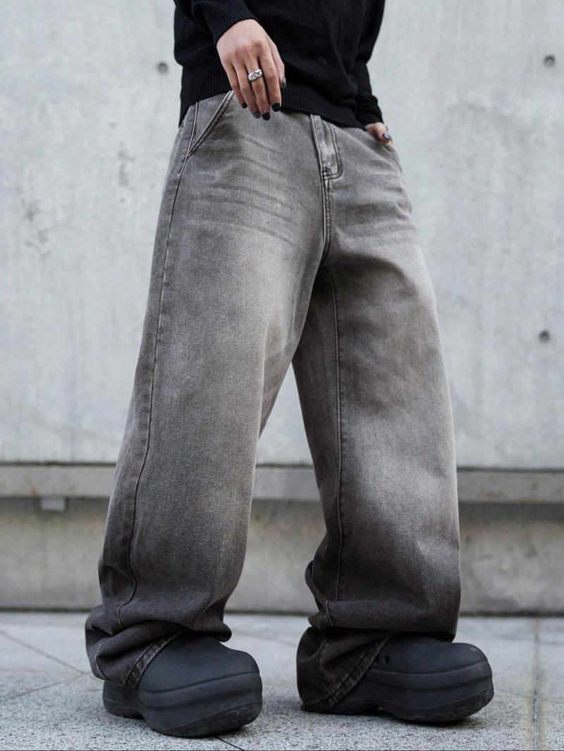 Men's Stylish Loose Wide Leg Denim Streetwear Pants, Side Pockets Denim Trousers for Daily Wear, Casual Street Wear Jeans for All Seasons
