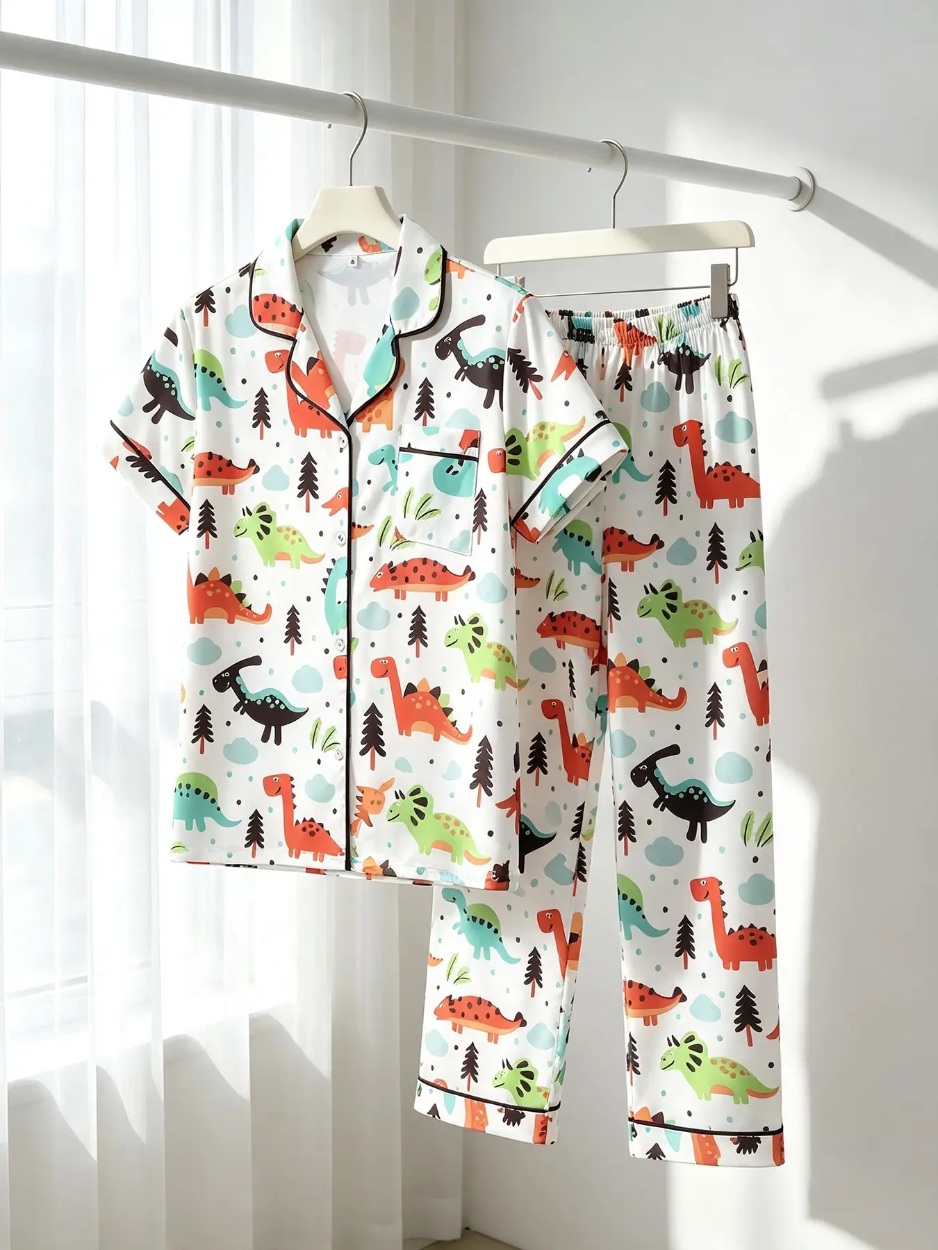 Women's Cardigan Short‑Sleeve Top And Long Pants Pajama Set, Wearable For All Seasons, Colorful Dinosaur Tree Cloud White‑base Print Loungewear, Forest Cute Cozy Bedroom Outfit