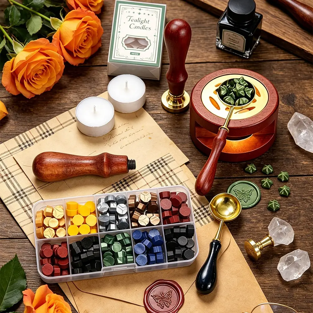 British Style Dark Tone Metal Wax Seal Set, Versatile, Large Capacity Metal Wax Beads, Complete Stamp Tools, Ideal for Invitations, Gift Wrapping, Letter Sealing, Scrapbooking