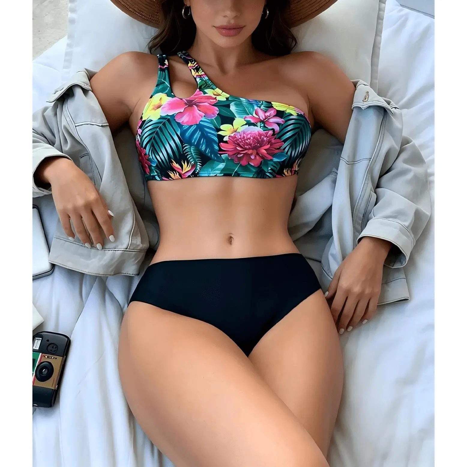 Sexy Boho Knitted Fabric Bikini Set For Women Micro Crop Asymmetrical Neck Top With Hipster Bottom