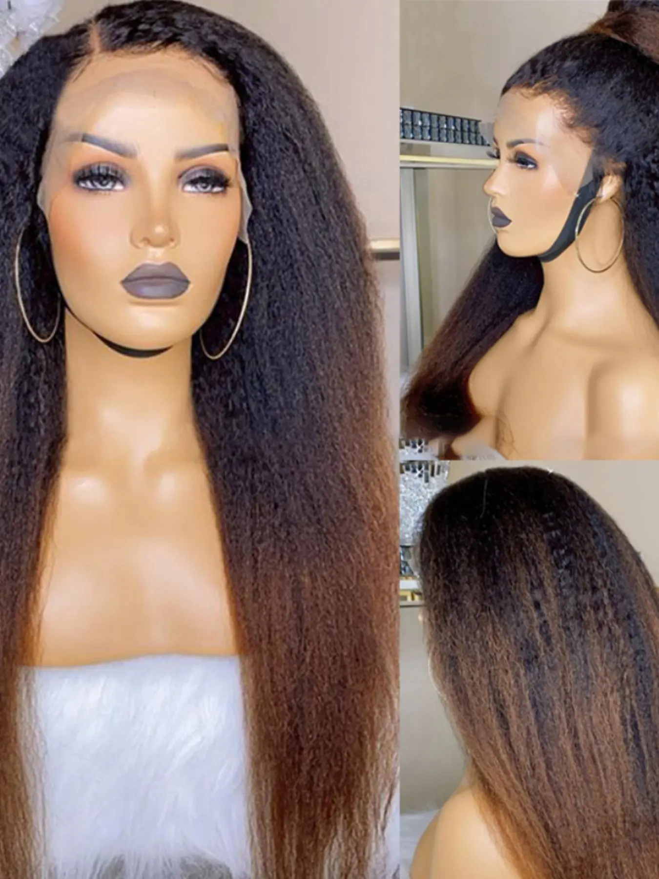 Ombre Brown Soft Long 30 Inch 180 Density Natural Look Yaki Kinky Straight  Front Lace Wig, Glueless Heat Resistant Synthetic Hair, Curly Synthetic Wig, Daily Wear Pre-plucked