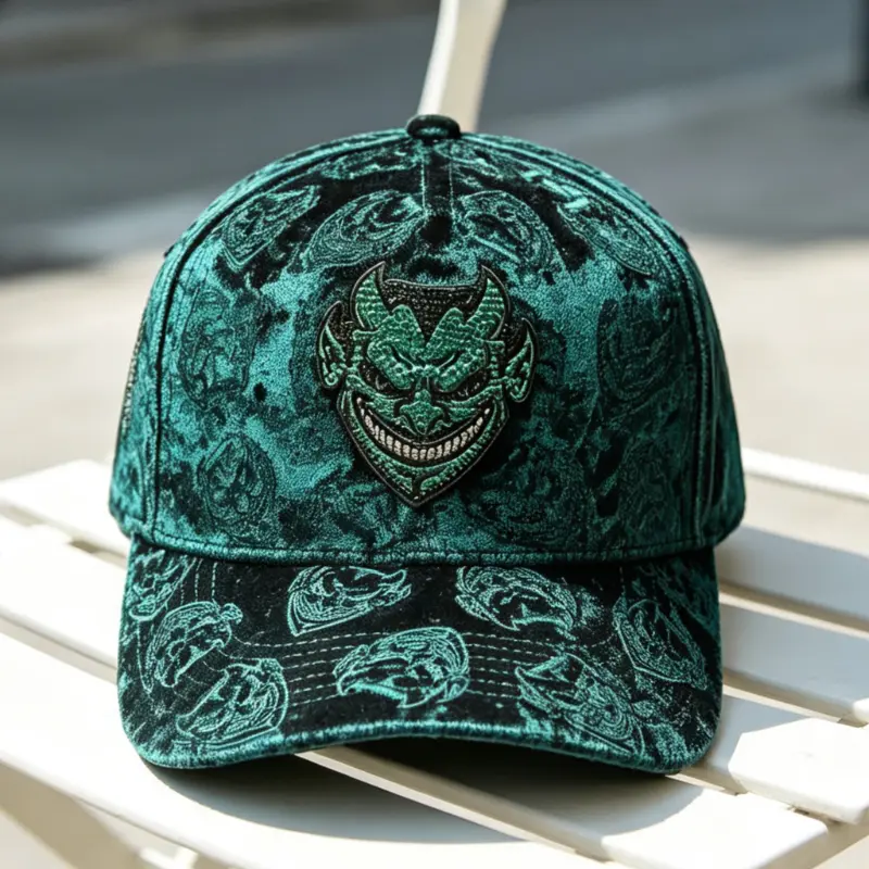Teal Velvet Paisley Snapback Hat with Rhinestone Devil Emblem – High-End Streetwear Accessory- Barbas Hats x Chucky Limited Edition Pink Diablo Chava Snapback- G5 Quality Adjustable Baseball Cap