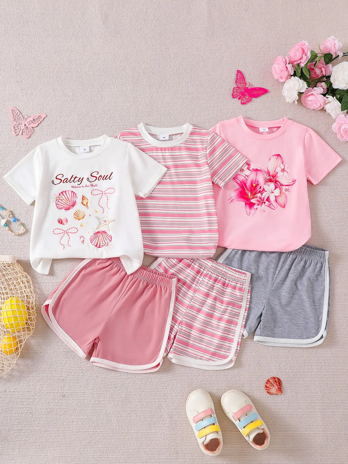 Girls' 6-Piece Set, Casual Striped Floral Print T-Shirts and Shorts, Soft Knit Fabric, Outdoor Wear, Spring Summer Collection