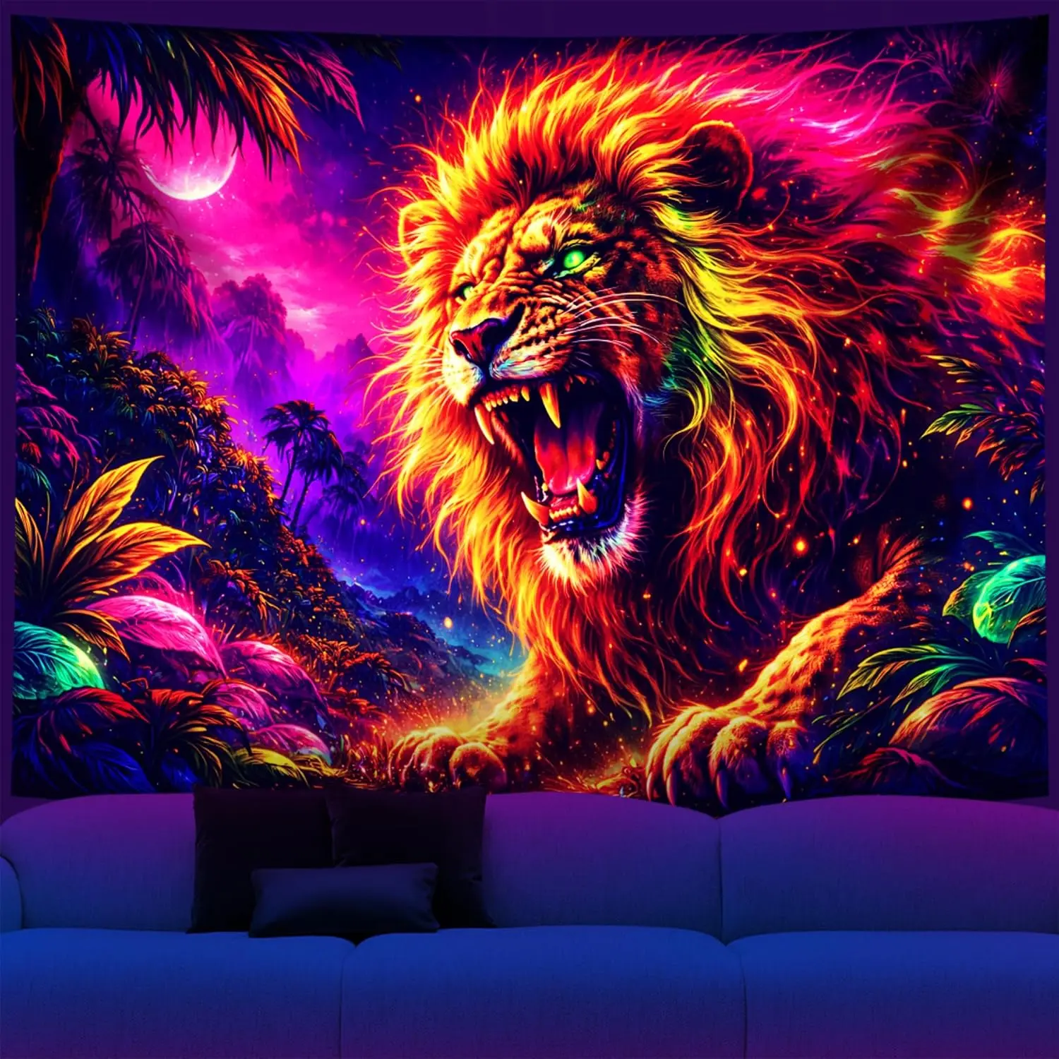 NYZE Lion Blacklight Tapestry Animal Tapestry Wall Hanging Glow in the Dark Black Light UV Reactive Ultra HD Wall Art for Bedroom Dorm Living Room Decor 79X59in