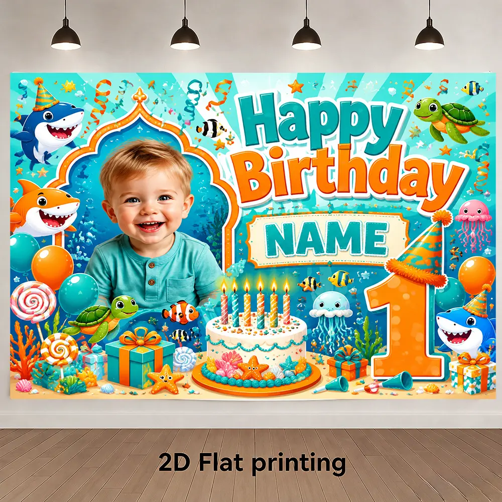 Personalized Shark Sea Life 1st Birthday Backdrop, Custom Photo & Name Teal Orange Ocean Party Banner