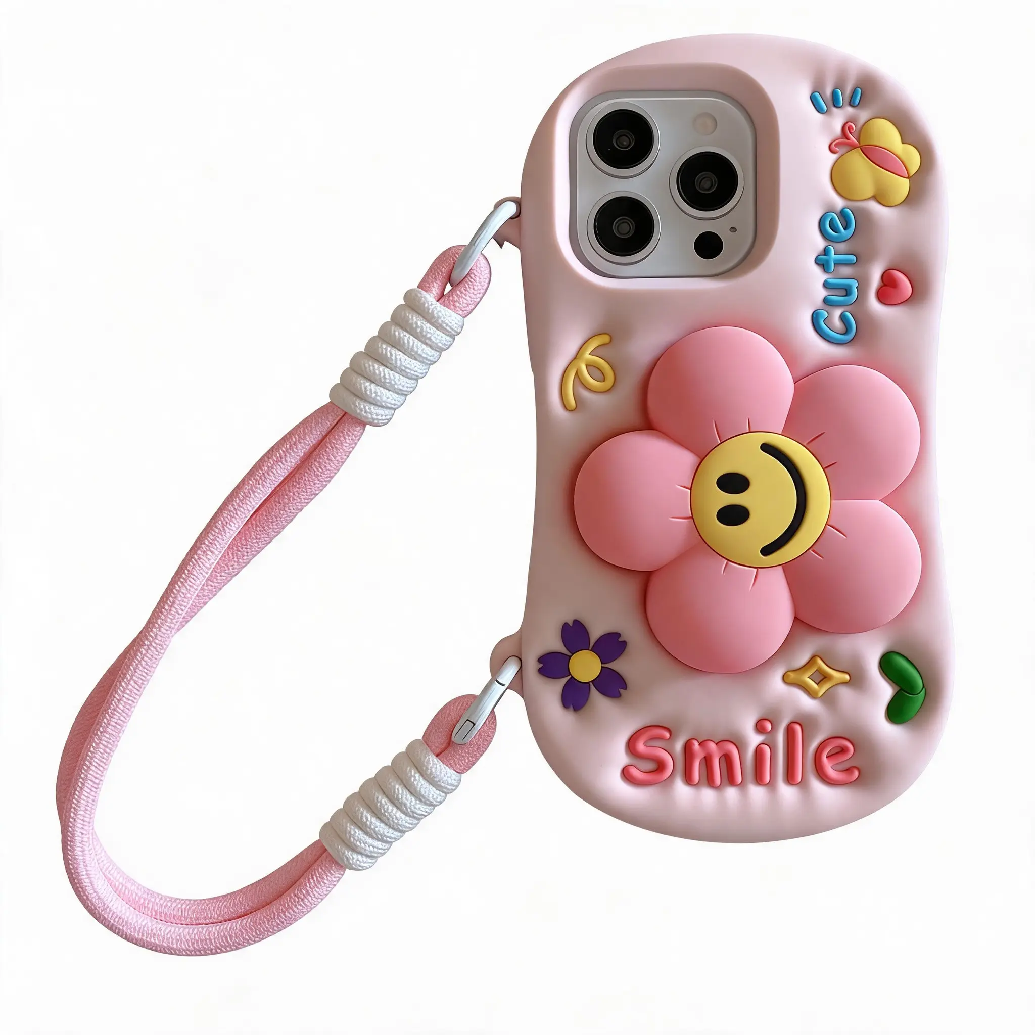 Pastel Pink Wave Edge Silicone Phone Protector 3D Raised Sunflower With Smiley Face Butterfly & Floral Decor Detachable Wrist Strap Raised Camera Cutout Full Coverage Anti-drop Case For Girls Daily Use