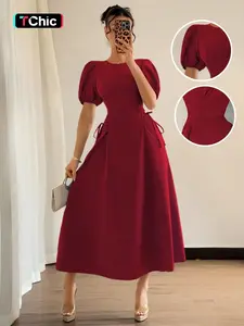 Summer Wedding French Shoulder Bubble Short Sleeve Dress, Ruched Waist Side Tie Slimming Elegance, Romantic Vacation Gown