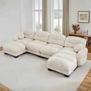 Aobtkel Pleated Chenille 4-Seater U-Shape Modular Comfy Couch for Living Room, High-Density Foam Seat, Curved Arms, Ergonomic Design, 2 Ottomans, 2 Round Throw Pillows, Beige, Assembly Required, Ideal for Friends and Family