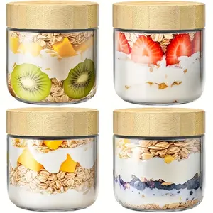 2/4 Pack 300ML Glass Cups with Lids, Portable Overnight Oat Container, Yogurt Chia Seed Snack Storage Jar, Durable Kitchen Organizer