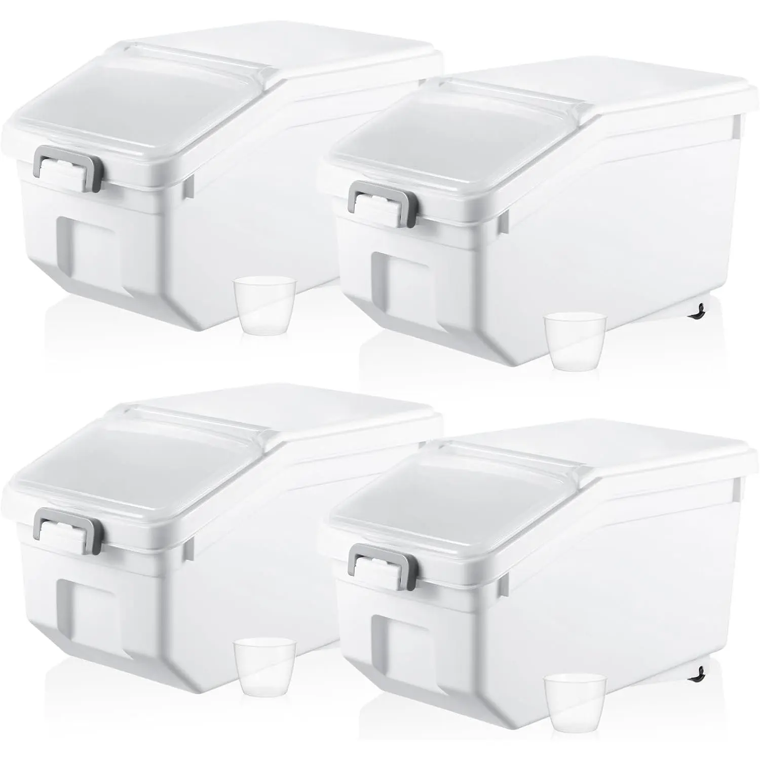 4 count Rice Storage Containers Bulk Flour Sugar Container Wheels Measuring Cups Set Airtight    Birds  Bin Grain Cereal Organizer Box for Dry Baking(White,22 lb)