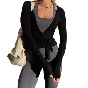 Womens Wrap Top Ballet Cover Up Cross Tie Long Sleeve Deep V Neck Blouse Shirt Fitted Yoga Workout Wrap Top Pilates(Sheets)