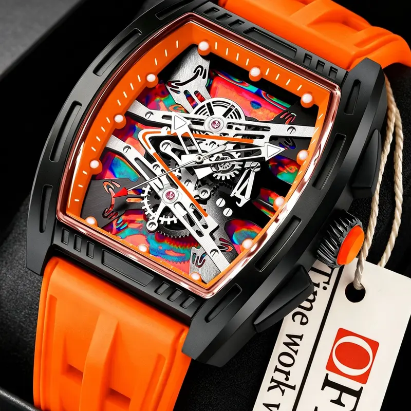 OFNS Luxury Brand Wine Barrel Dial Watch, Luminous Waterproof Sports Watch, Trendy and Stylish, Fashionable Stylish Watch, Cool Classic Men's Analog Watches, Quartz Wristwatch