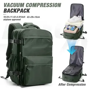 compression sealed travel backpack, unisex design, carry-on luggage size approved for air travel, portable travel backpack with pump and vacuum system, black/green/gray-brown