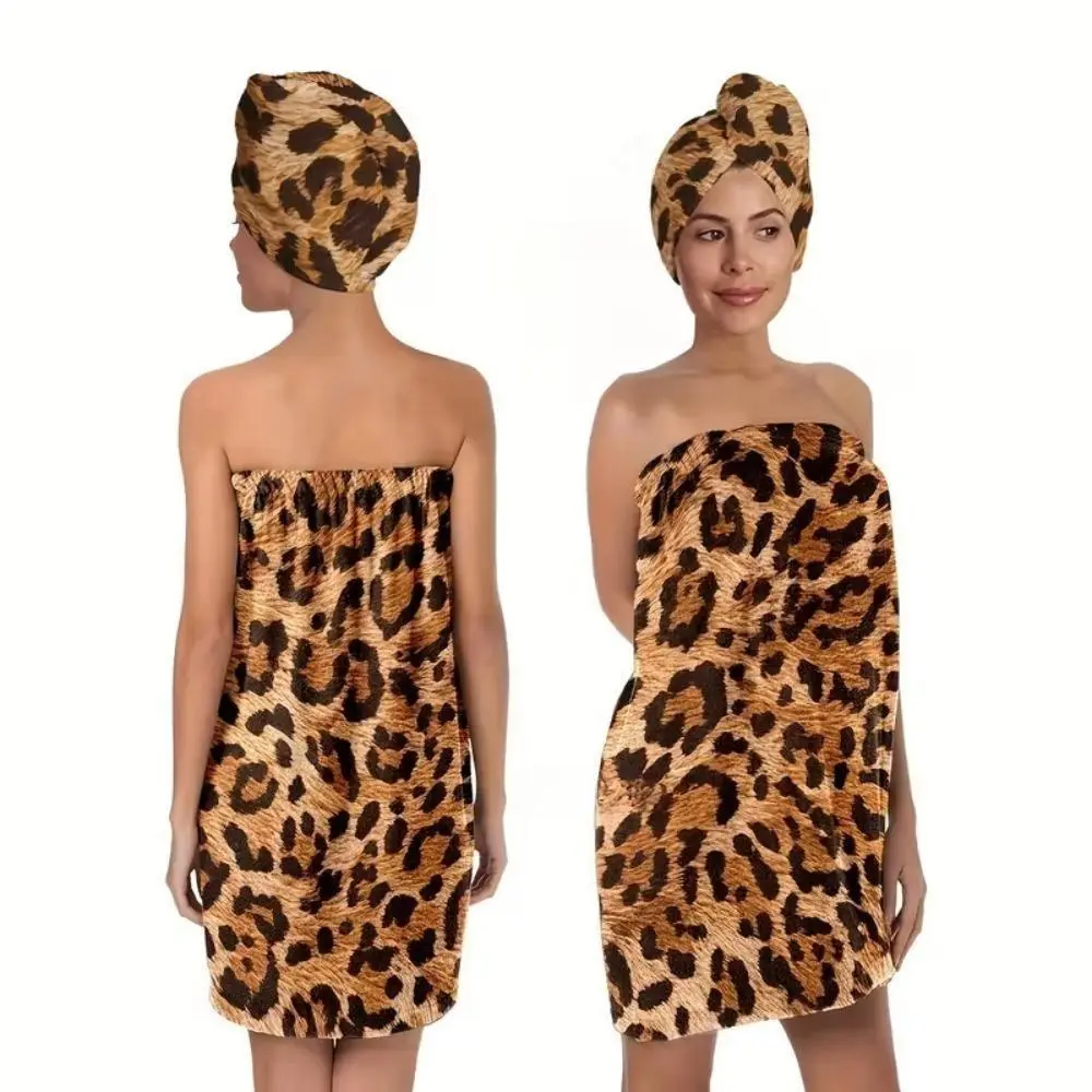 2026 New Arrival Euro-American Retro Animal Print Flannel Bath Set - Cozy, Lightweight, Thick, Fast-Absorbing Towel, Wrap & Cap for Hotel, Spa, Loungewear Use
