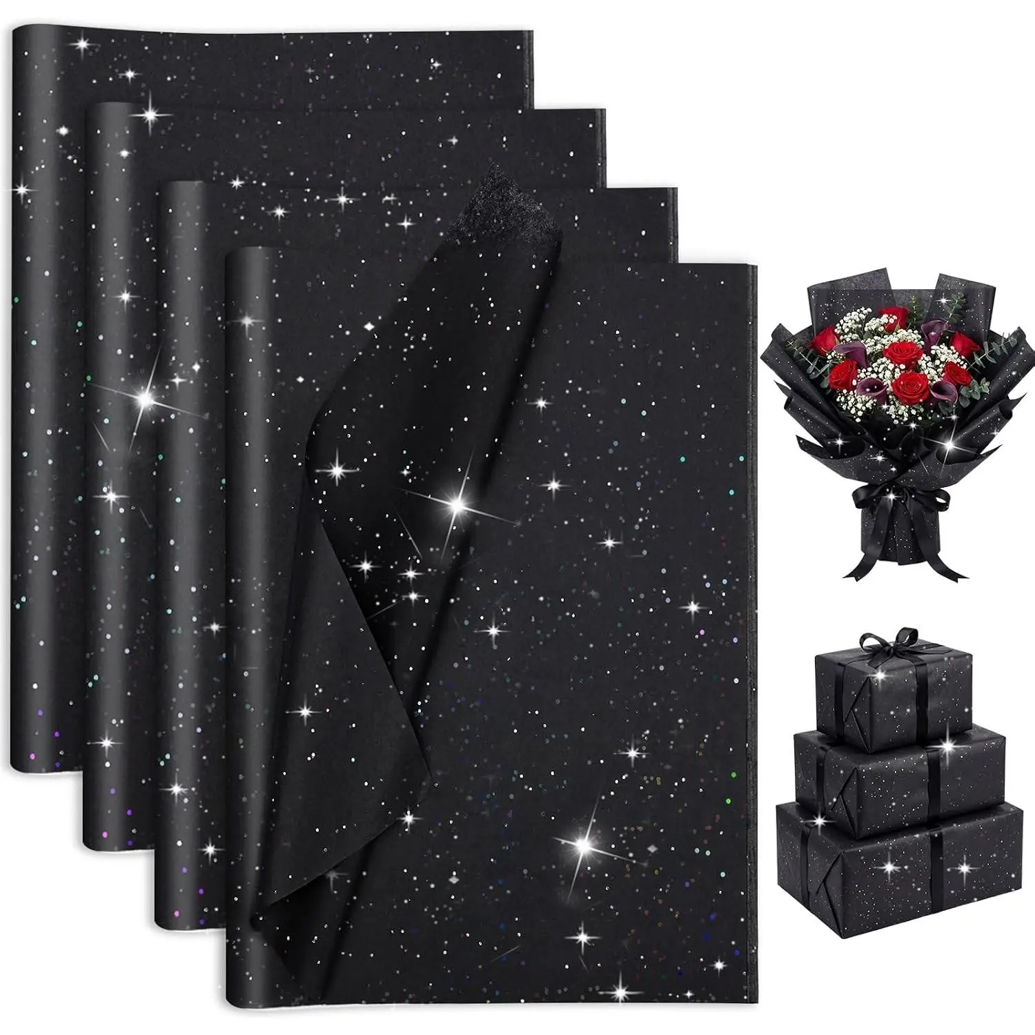 Black Glitter Sparkles Tissue Paper Bulk Pack, 135 Sheets 20x14 in, for Gift Bags, Gift Wrap, Father's Day Crafts, DIY Projects, Birthday Party Decor