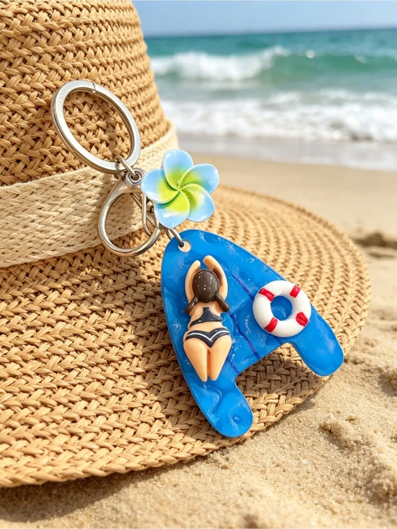 Cute Swimmer Keychain, Blue Tile Design with Flowers and Lifebuoy, Summer Swimming Float, Keychain, Aesthetic Accessory, Gift Idea
