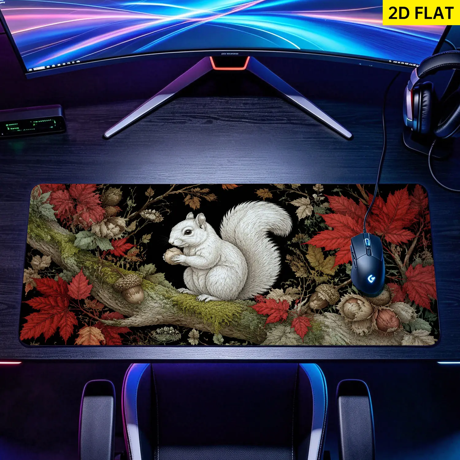 Squirrel Autumn Forest Art Rectangular Mouse Pad - Extra Large Solid White, Non-Slip Rubber Base, Multi-Size, Lock Edge, Washable, Flat Surface, Precision-Move Desktop Protector for Home, Office, Gaming Accessory Gift