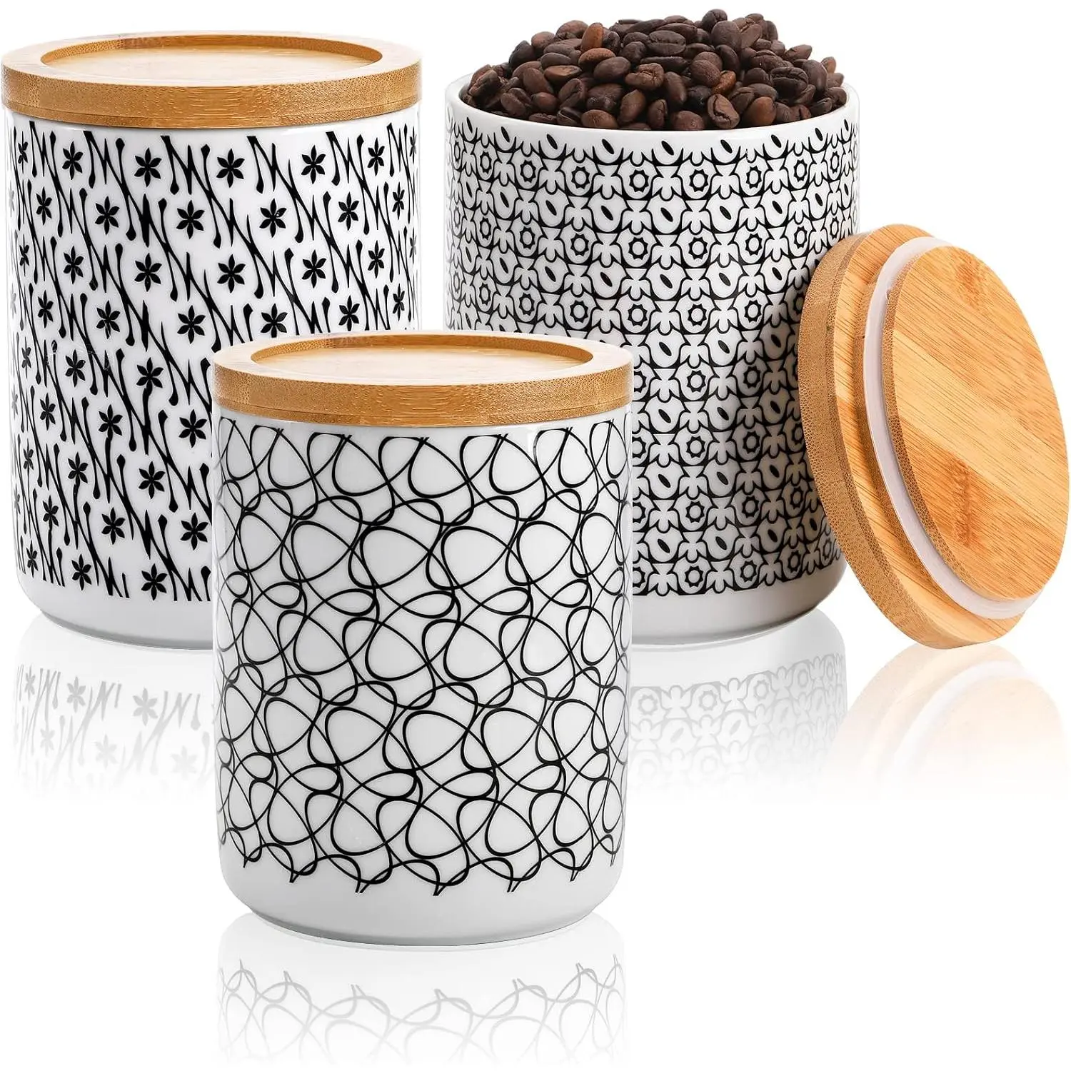 Ceramic Kitchen Canisters Set of 3, 24oz Airtight  Storage Jars with  , Round Coffee  Sugar Containers,  Dishwasher Safe, Black Flower