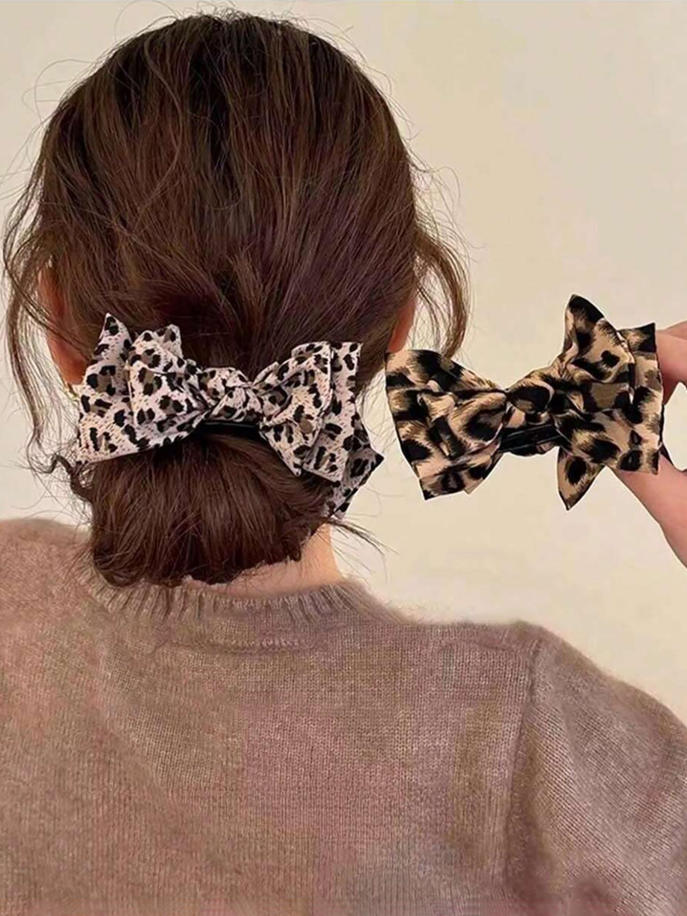 1PC Chic Leopard Print Bow Hair Claw Clip, Elegant Double-Layer Big Bow Hair Clip, Vintage-Inspired Fabric Hair Accessory for High Ponytail and Daily Wear