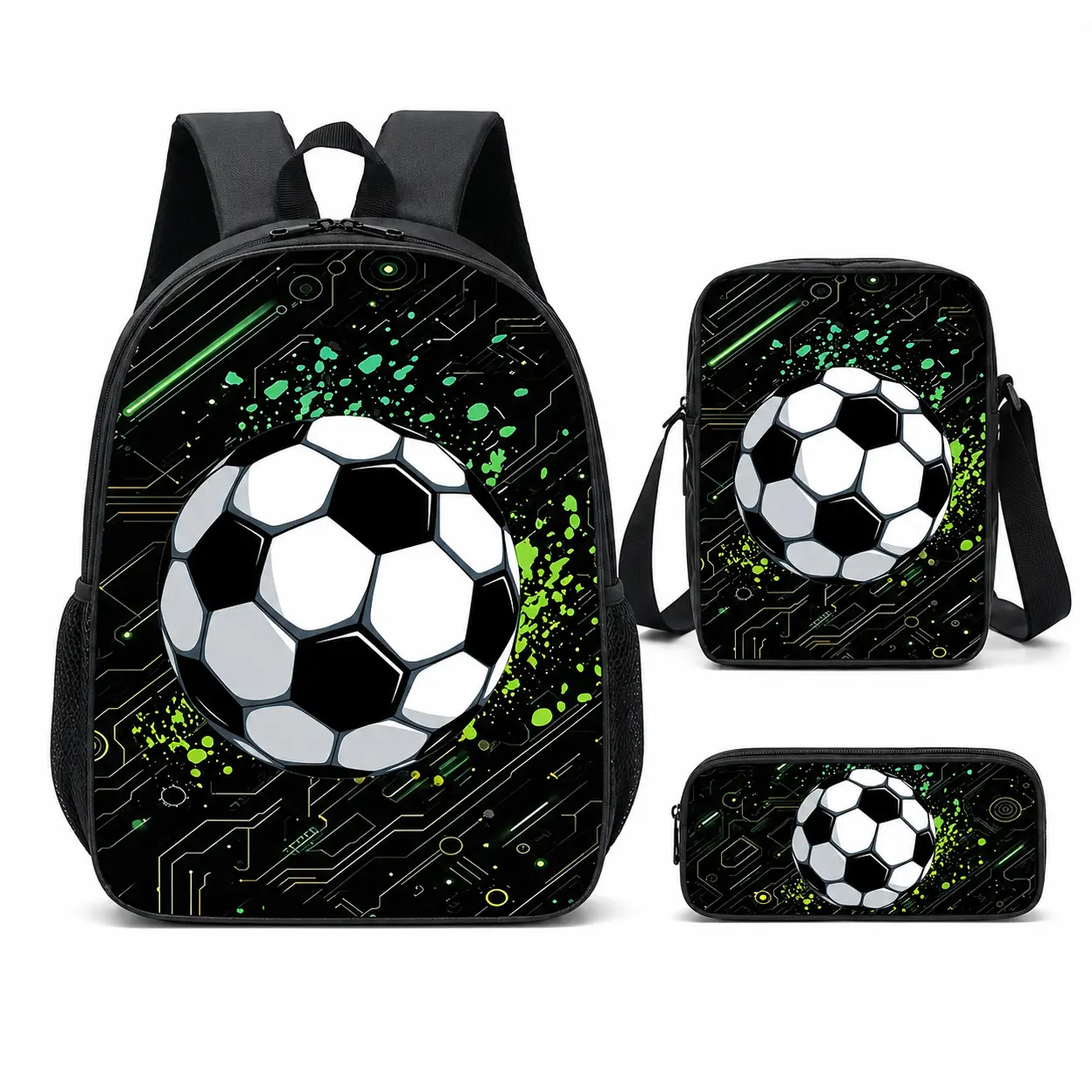 3PCS Soccer Backpack Set, Black Green Soccer Ball Graphic School Bag Set with Backpack, Lunch Bag and Pencil Case, Sports Student Bookbag for Boys Girls, back-to-school style,reinforce,strap,,adjustable,breathable,Clear,Stadium,Approved Backpack,Mini