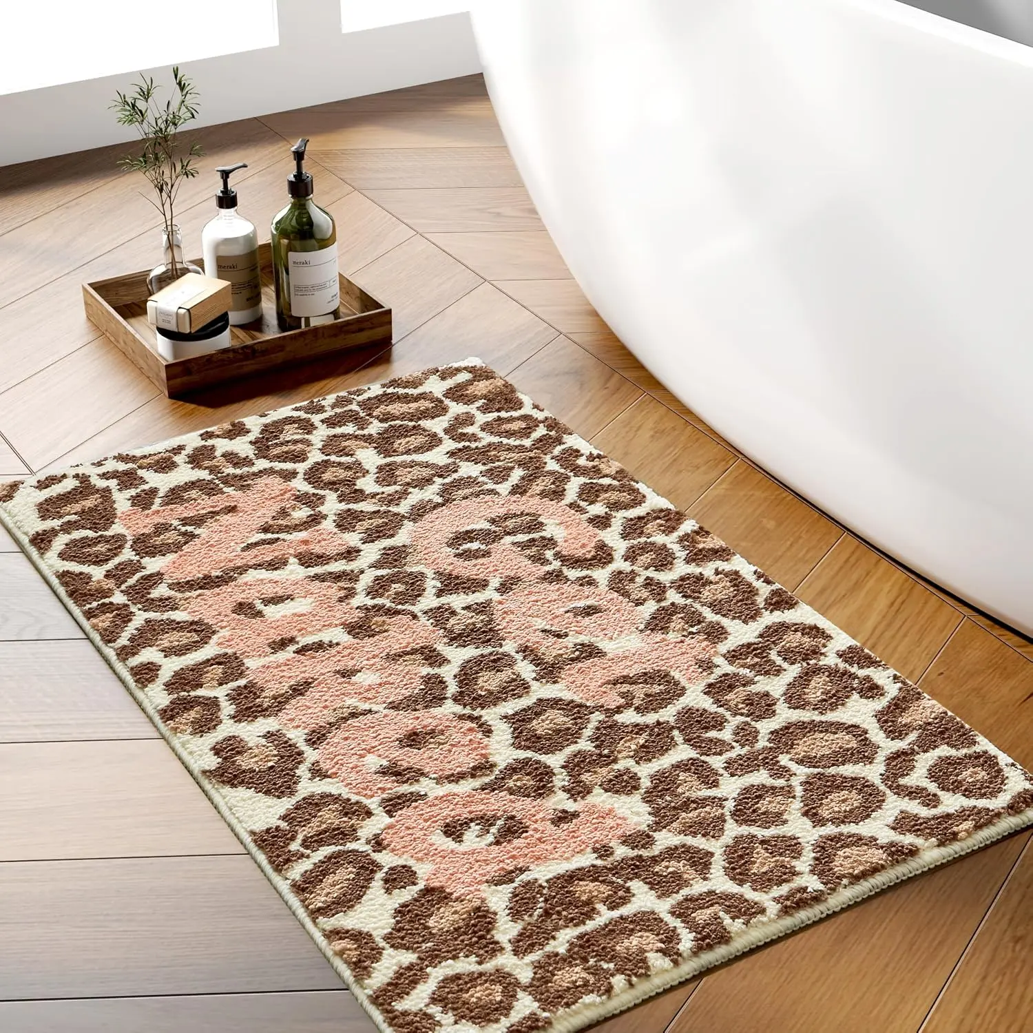 Get Naked Cute Absorbent Bath Mat for Bathroom, Non Slip Soft Leopard Bath Rug, 20” x 31”