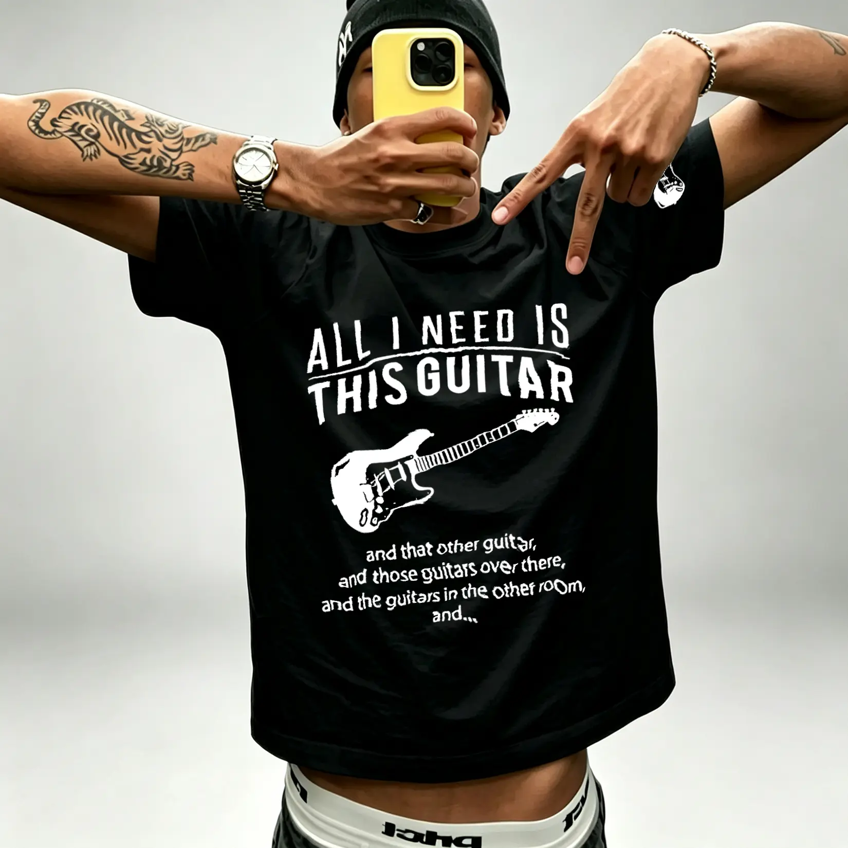 Men’s Guitar Lover Graphic Tee | Viral Funny All I Need Is This Guitar Slogan Print+180g heavy cotton+oversized loose | Rock Street Style | S-3XL Black | Live House & Band Rehearsal Outfit #GuitarTee #RockMensShirt