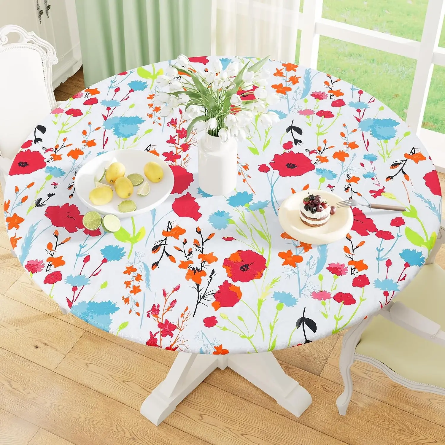 Round Fitted Tablecloth with Elastic Edge, 100% Waterproof Oil Proof Plastic Table Cover, Vinyl Flannel Backed Tablecloth Fits 45"-56" Round Tables for Dinner, Outdoor, Picnic, Flowers