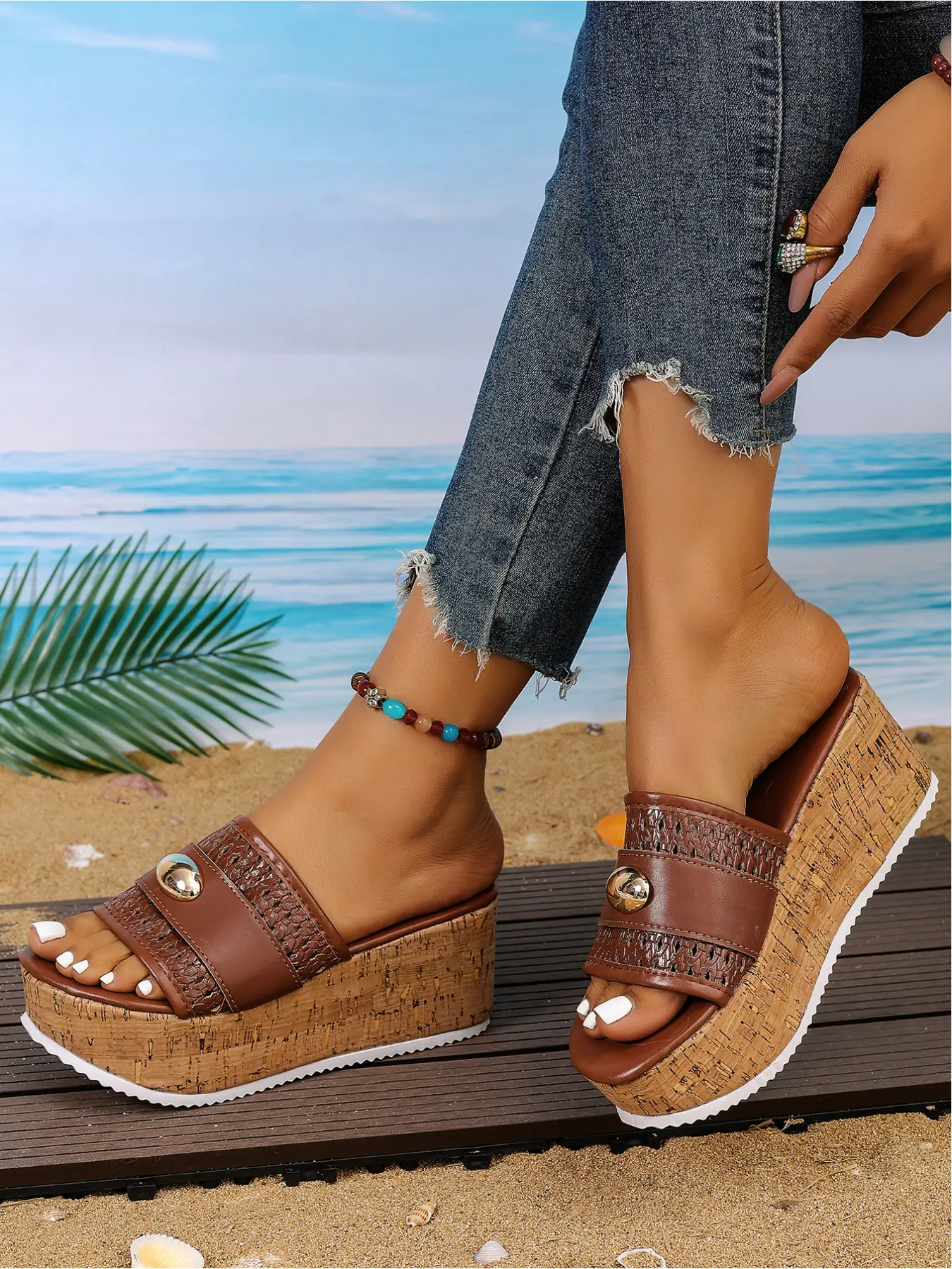 Hollow Woven Straps with Round Metal Buckle Wedge Slides, Open-Toe Slip-On Platform Beach Women's Mules, Beach Platform Shoes