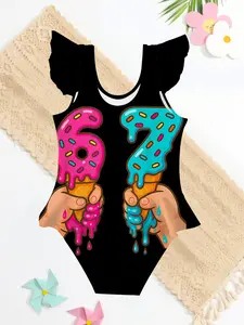 A fun digital ice cream printed one-piece swimsuit for girls, with a lively and quirky style, full of summer sweetness and coolness, is a very eye-catching water item