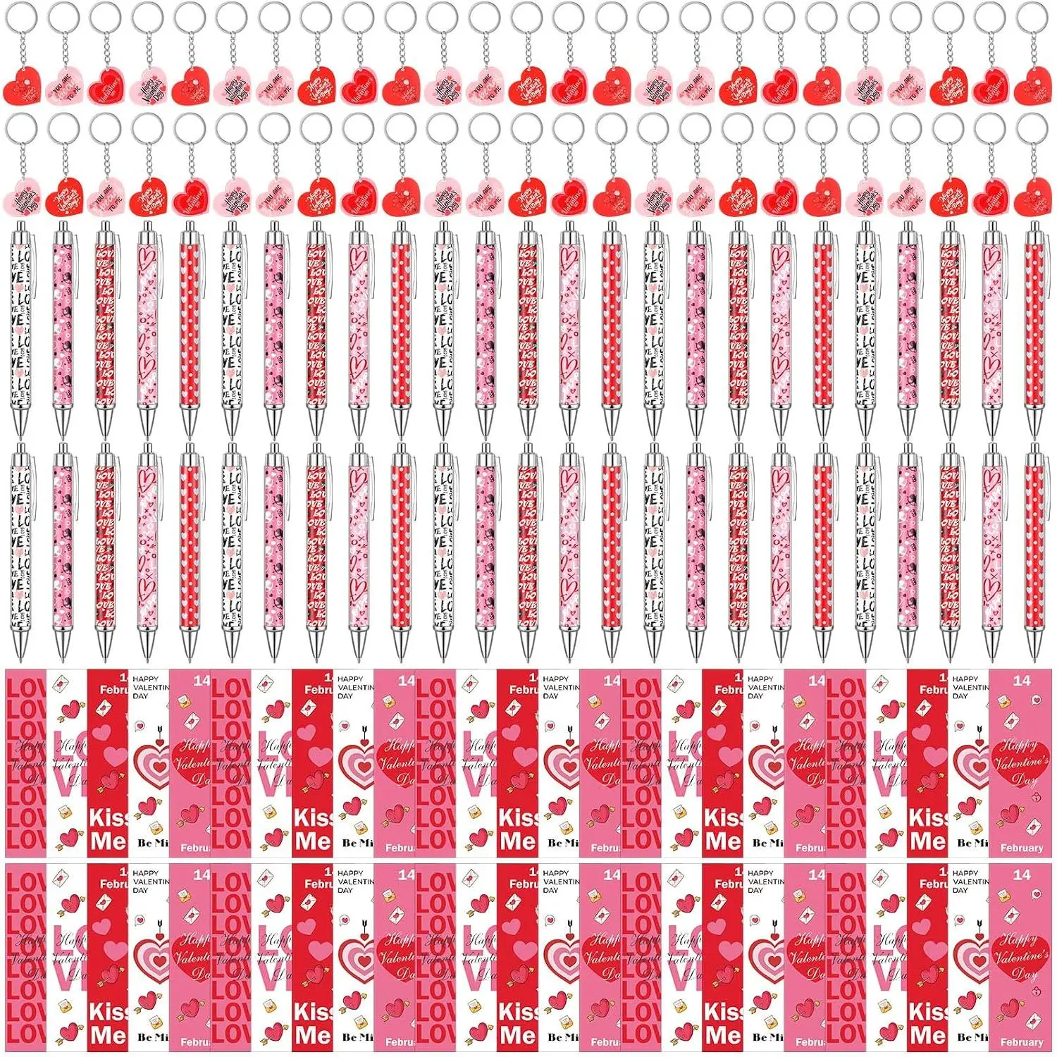 150 count Valentine's Day  Bulk Set 50 Ballpoint Pens, 50 Heart Keychains, 50 Greeting Cards, Valentine Exchange  Party Favors
