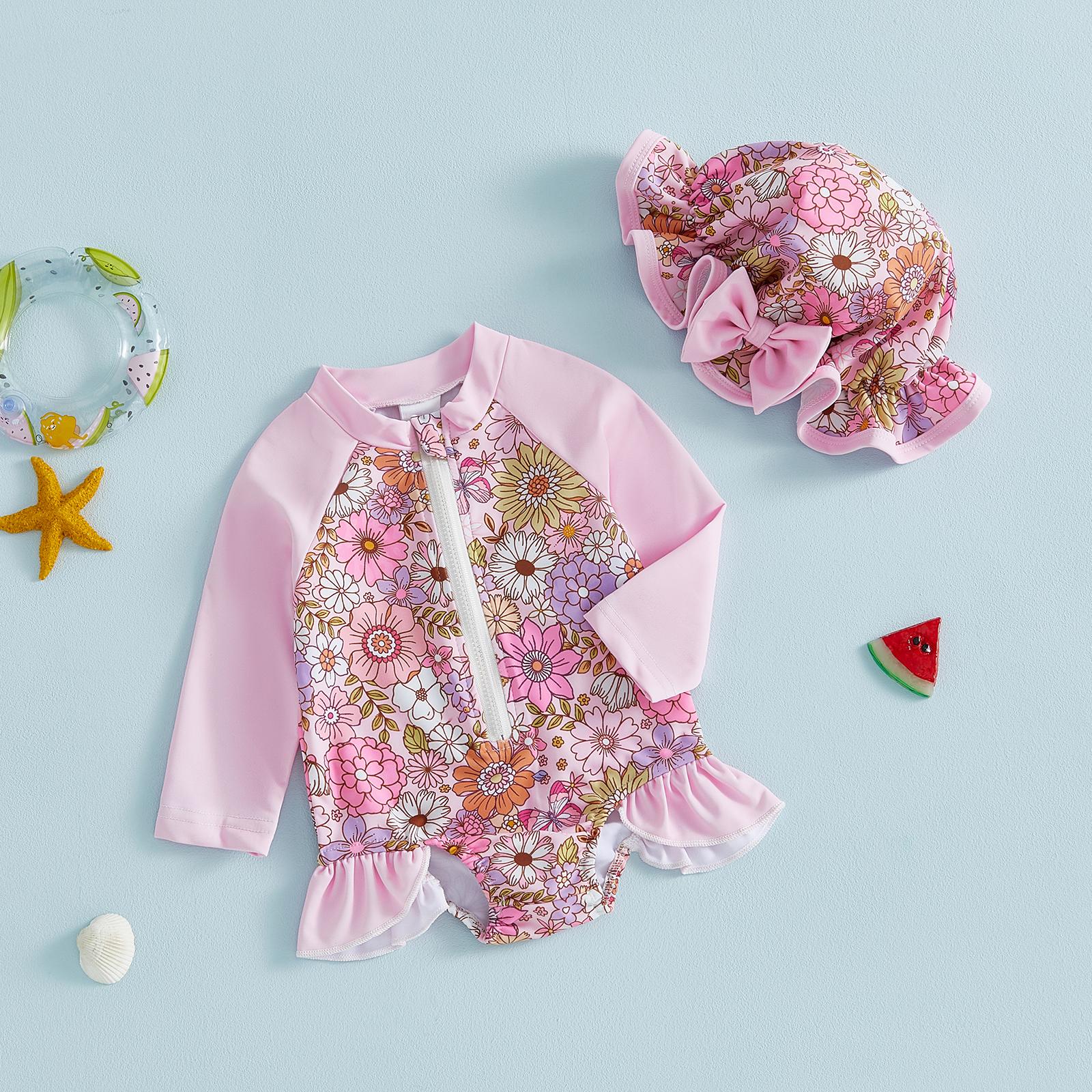 Infant Baby Swimsuit Girl Long Sleeve UPF 50+ Sun Protection  Rash Guard with Hat Zipper Bathing Suit