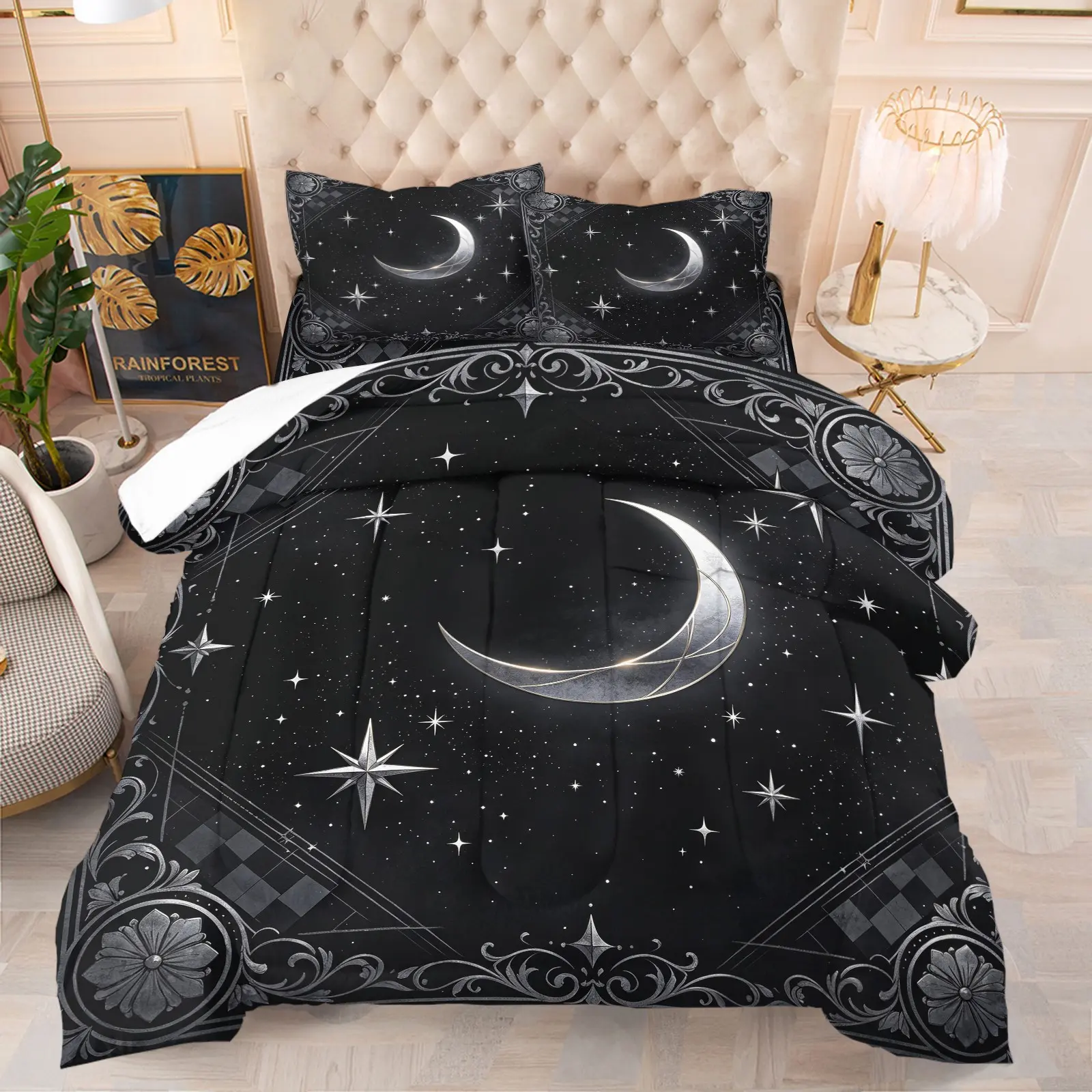 Black Mysterious Celestial Crescent Moon Star Comforter Set, 1 Comforter + 1/2 Pillowcases, Vintage Floral Border Night Sky Bedding Sets, Durable Soft Washable Bed Set, All Season Decor for Girls Teens Astrology Lovers
