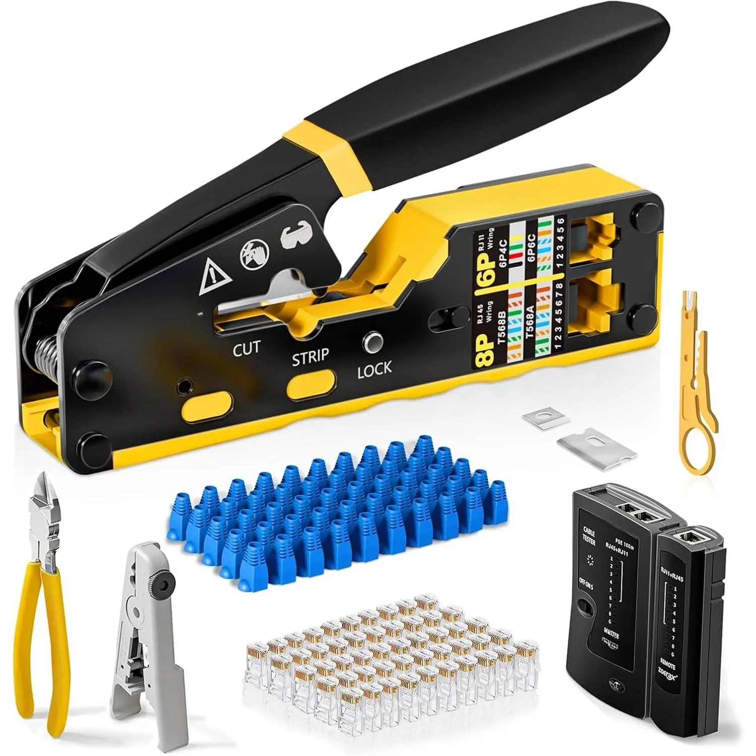 Ethernet Crimping Tool Kit RJ45 Crimp Tools,CAT5 Cat5e Cat6 RJ45 Crimping Tool Kit With  Tester, Multiply Stripper, ,50Pcs  6 Pass Through Connectors and   Boots