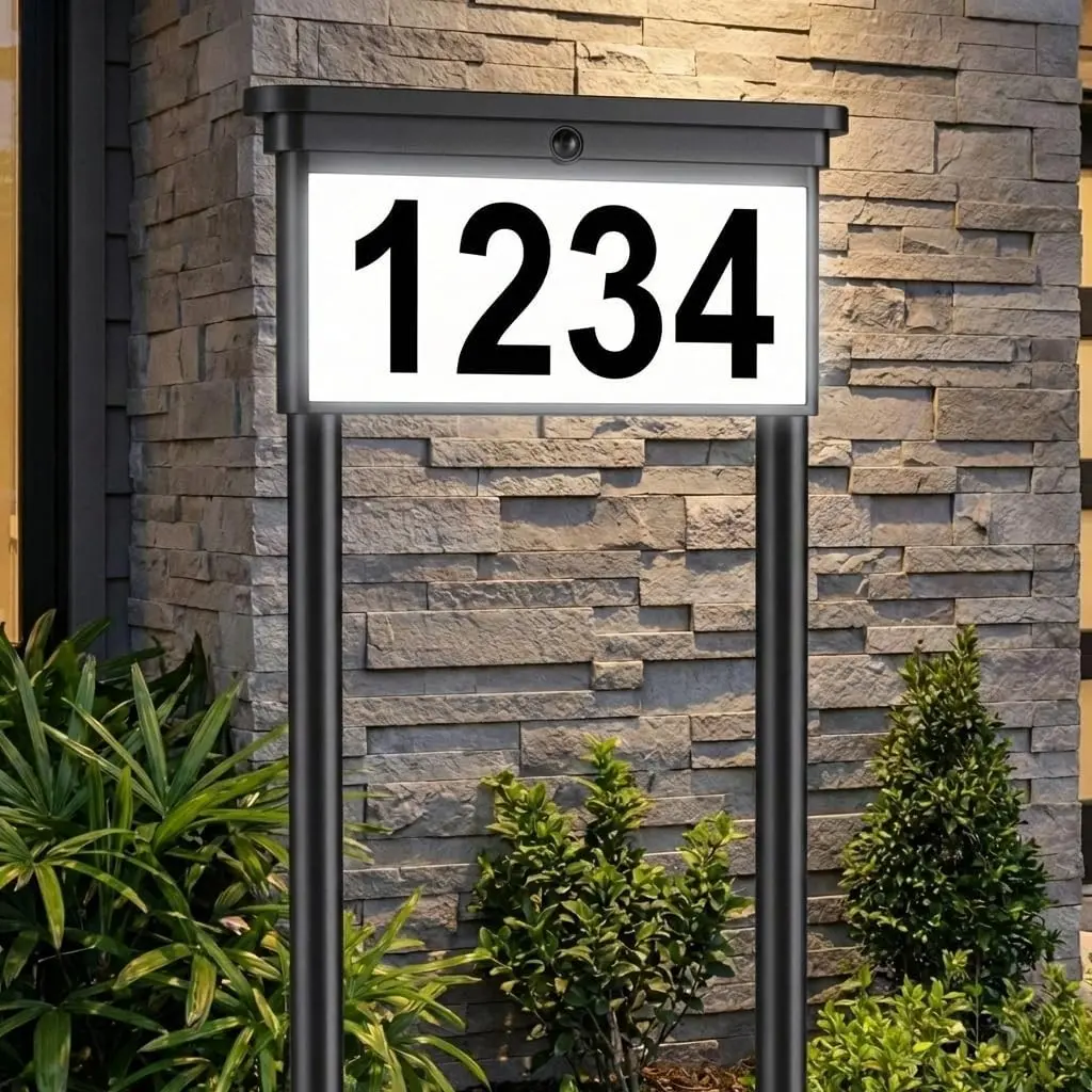 29" Solar Address Sign for Yard, Double-Sided Lighted House Numbers with 12 Color Modes, 2-in-1 Stake or Mailbox Mounting, Waterproof LED Address Plaque, 4 Sets Numbers & Letters (1 Pack)Gift