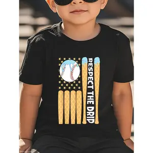 Baseball Drip Boys Ice Cream American Flag Respect The Drip T-Shirt for Boys Fashion Trend Bottoming Shirt Breathable, Casual Comfortable Top Streetwear Fashion Casual Summer Tee Crew Neck Short Sleeve T-Shirt Best Gift for Boy Girl