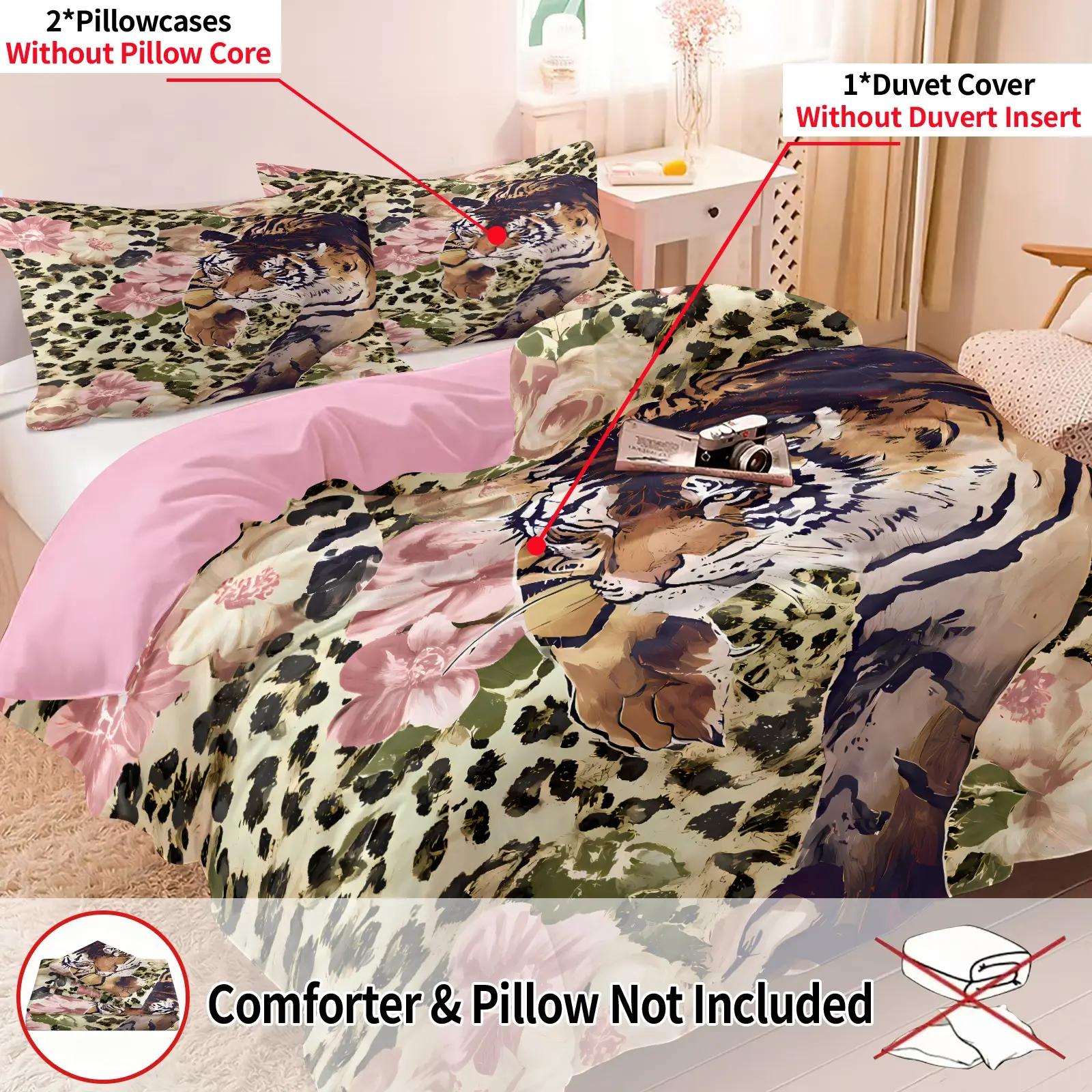 3Pcs Retro Leopard Tiger With Pink FlowerPrint Duvet Cover Set, 1 Duvet Cover & 2 Pillowcases Without Core, Tiger Portrait Print Bed Set All Aize, Soft Breathable Bedding All Seasons, Bold Wild Aesthetic Home Decor For Bedroom