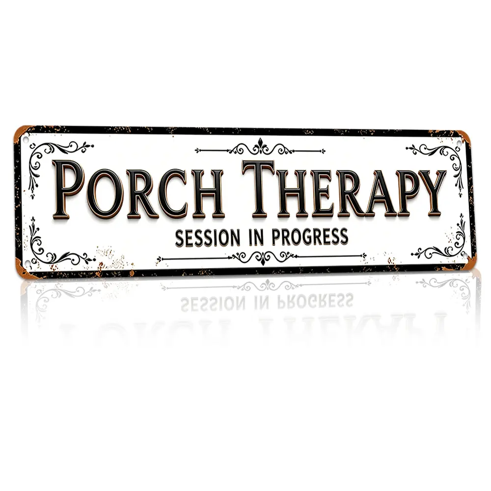 Porch Therapy, Outdoor Quote, Relaxation Sign Vintage Style 16x4 Inch Flat Printed Weatherproof Rust-Proof Aluminum Metal Sign Ornate Scrollwork Decor Design Patio Wall Art, Hot Home Decor, Thoughtful Gift For Porch Lovers