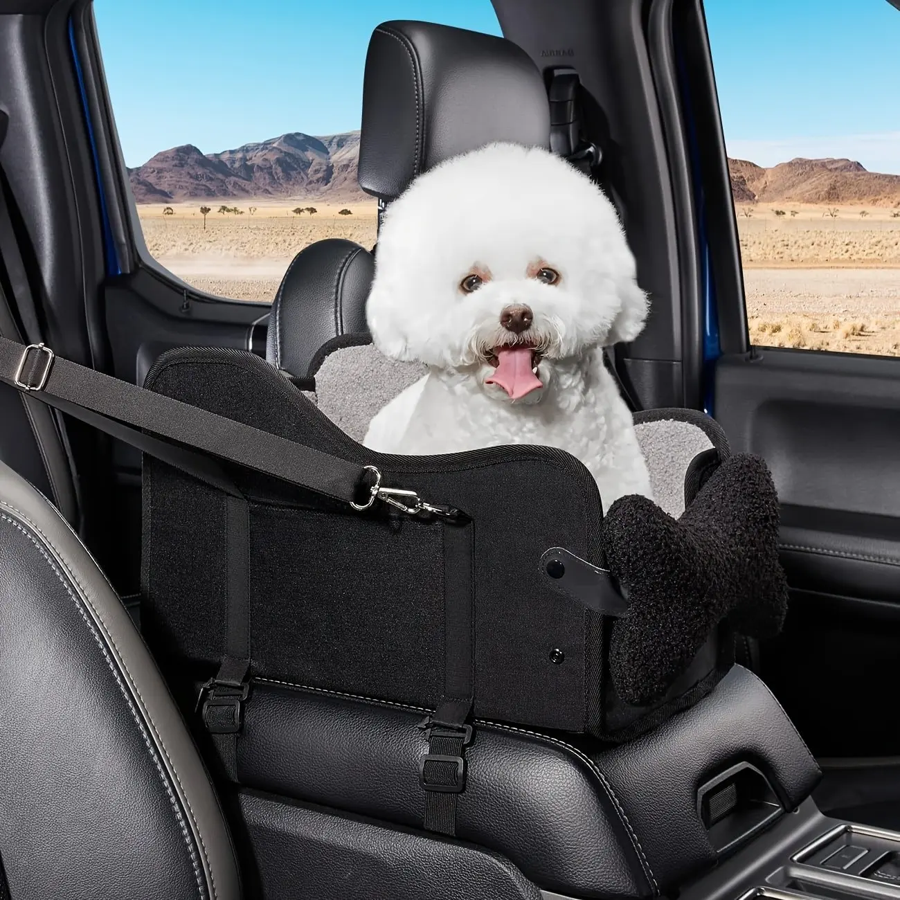 Comfortable Car Central Console Pet Seat, Portable Heated Elevating Seat, Luxury Cat Dog Universal Car Seat with Safety Belt, Breathable Mesh and Soft Padding