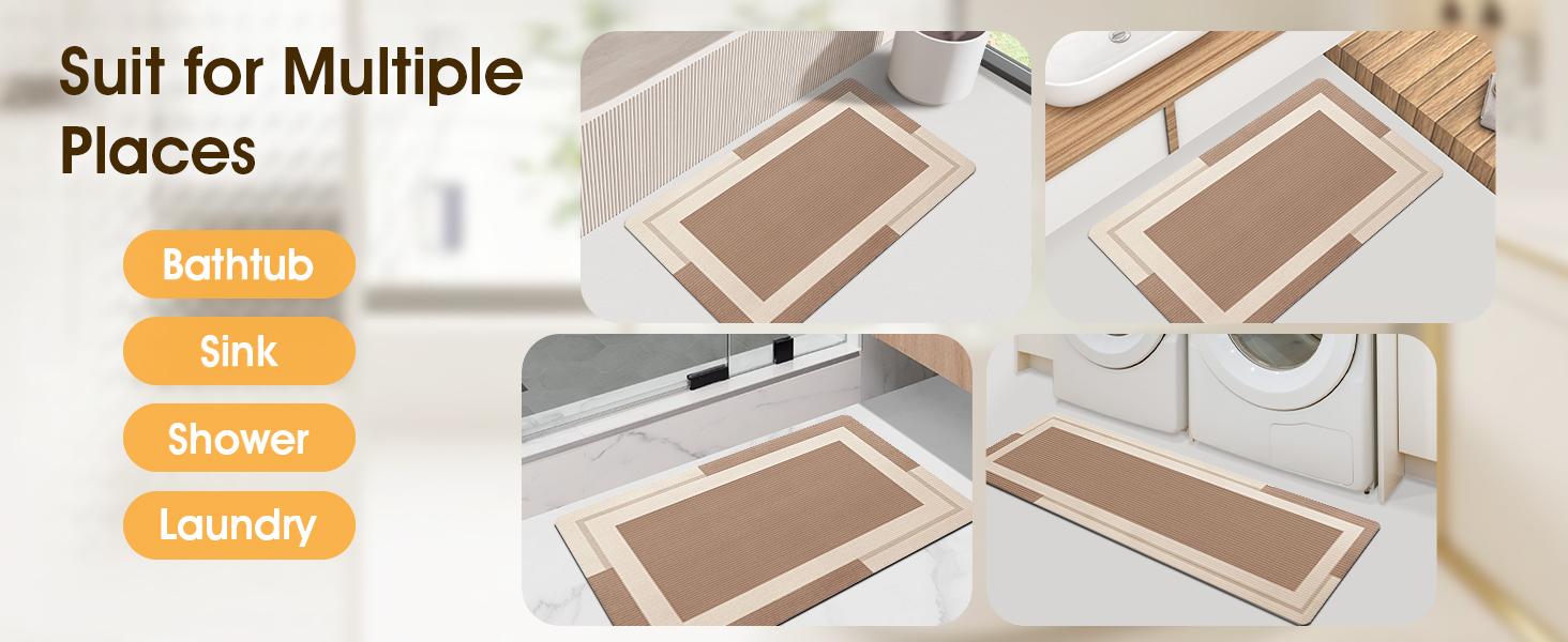 Non Slip Bath Mat, Thin Rugs Fit Door, Quick Dry Bath Mats, Machine Washable Bath Rugs for, &,, Light Brown/Bordered/59 x20