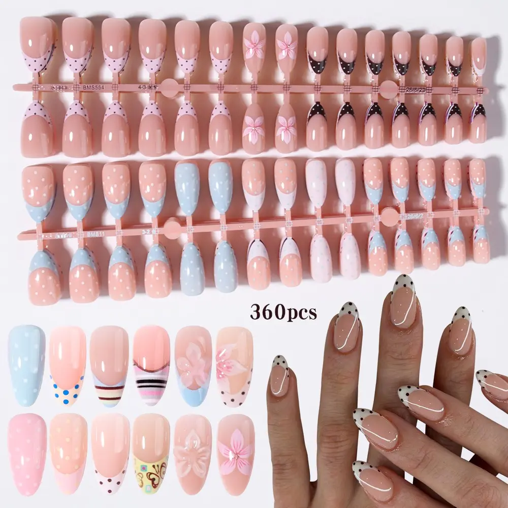 360pcs Long Almond Press-On Nails, Macaron French Nail Art Set, DIY Nails Art, Polka Dot and Flower Designs, Acrylic False Nails, 12 Mixed Styles
