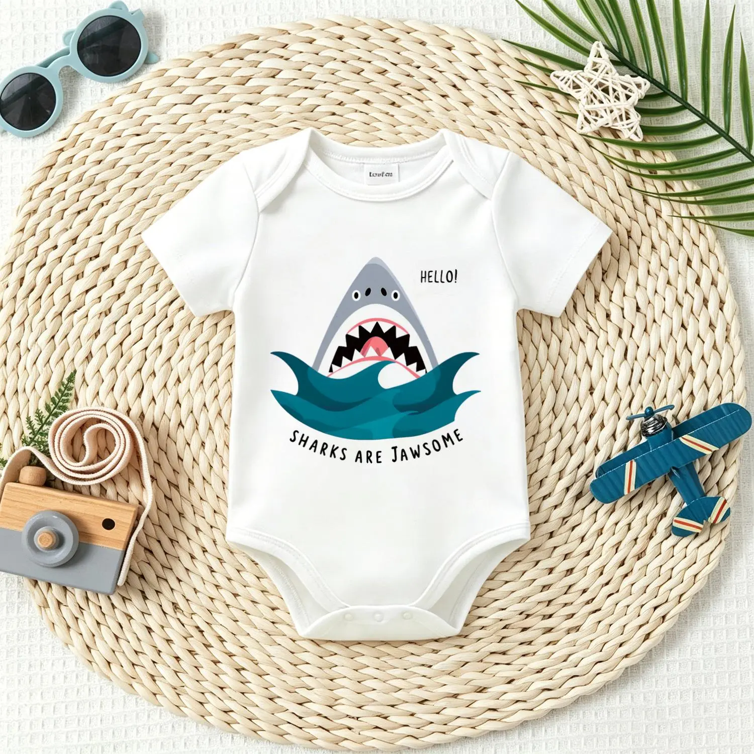 Cute Shark Jawsome Baby Bodysuit, Soft Cotton Short Sleeve Infant Romper, Breathable Summer Baby Clothes and Newborn Essentials for Baby Shower Gift
