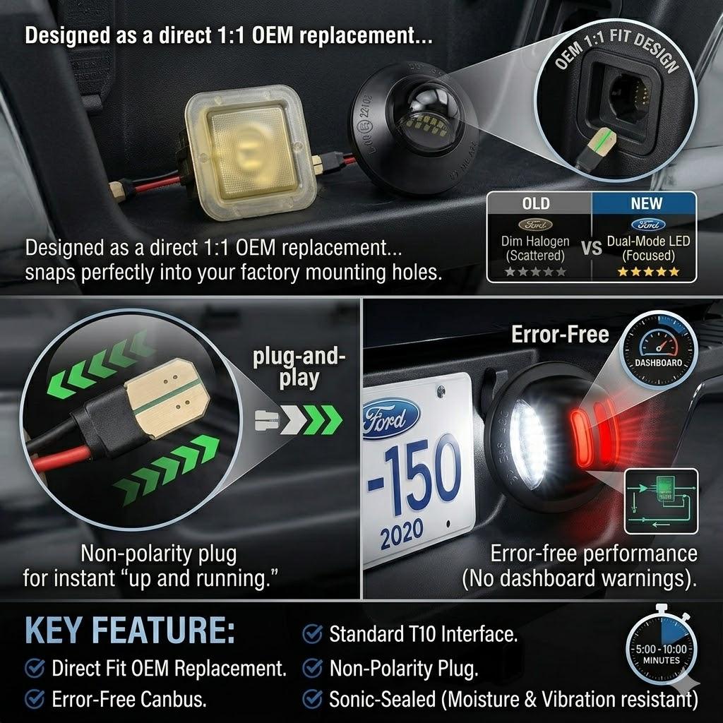 LED License Plate Light Assembly for Ford F150 F250 F350 Super Duty Ranger Explorer Bronco Excursion Expedition 2Pcs Red OLED Neon Tube Pure White LED Tag Lamp Replacement Plug and Play